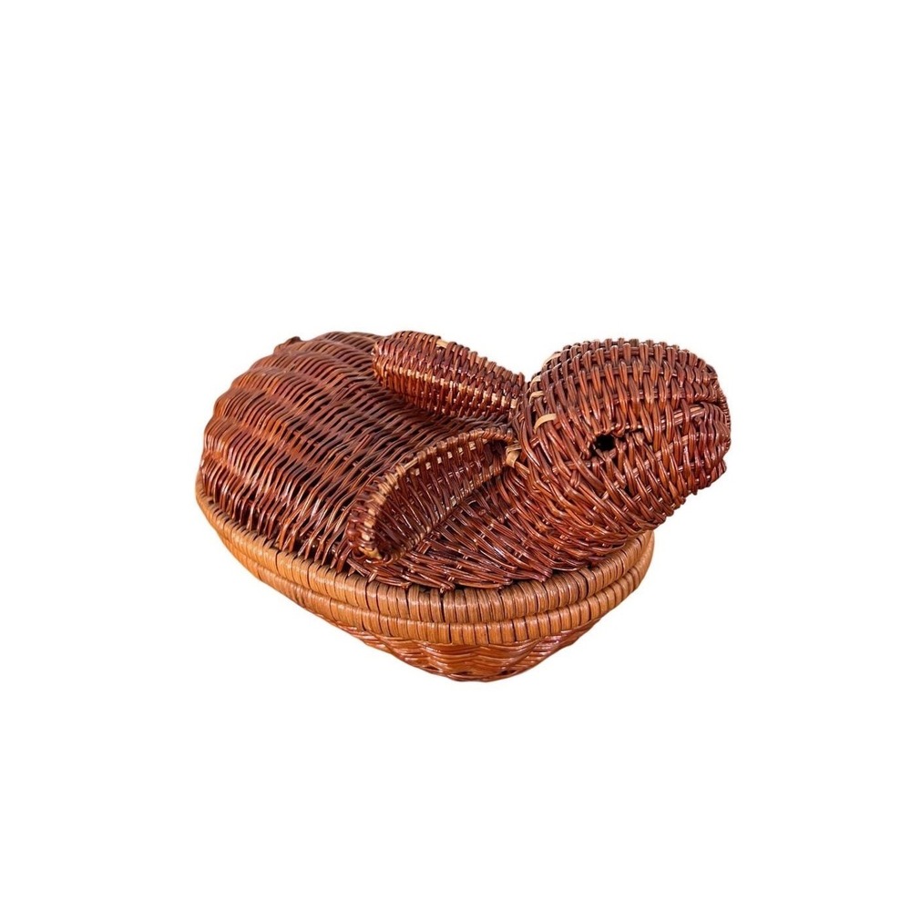 Vintage Wicker Bunny Rabbit Basket Figural Lidded Storage Easter Decor Brown